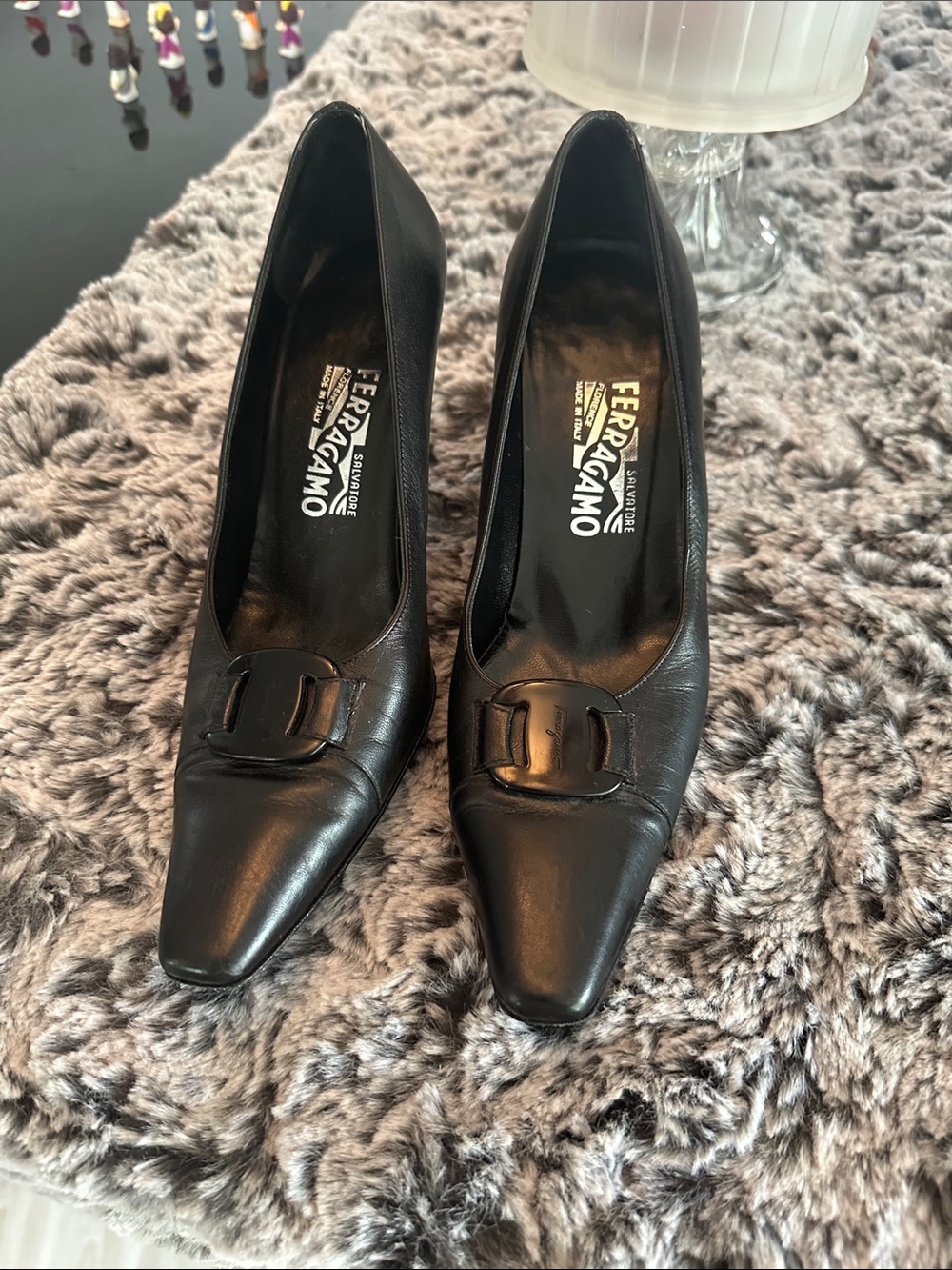 Salvatore Ferragamo Black Leather Pointed-Toe Pumps with Signature Buckle